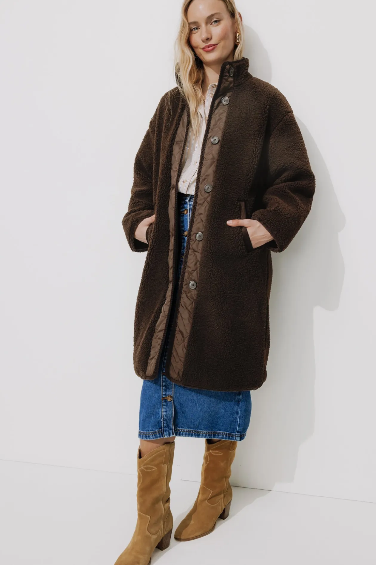 Promod ADELE veste longue moumoute - Marron Cheap