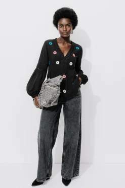 Promod Blouse brodée et perlée Femme - Noir Hot