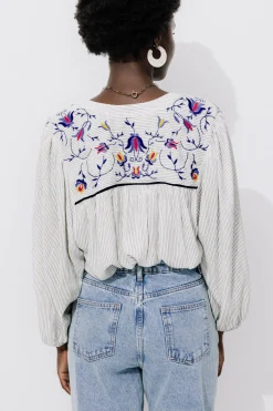 Promod Blouse rayée brodée Femme - Rayé écru Rayéécru Hot