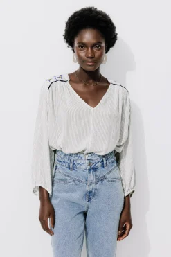 Promod Blouse rayée brodée Femme - Rayé écru Rayéécru Hot