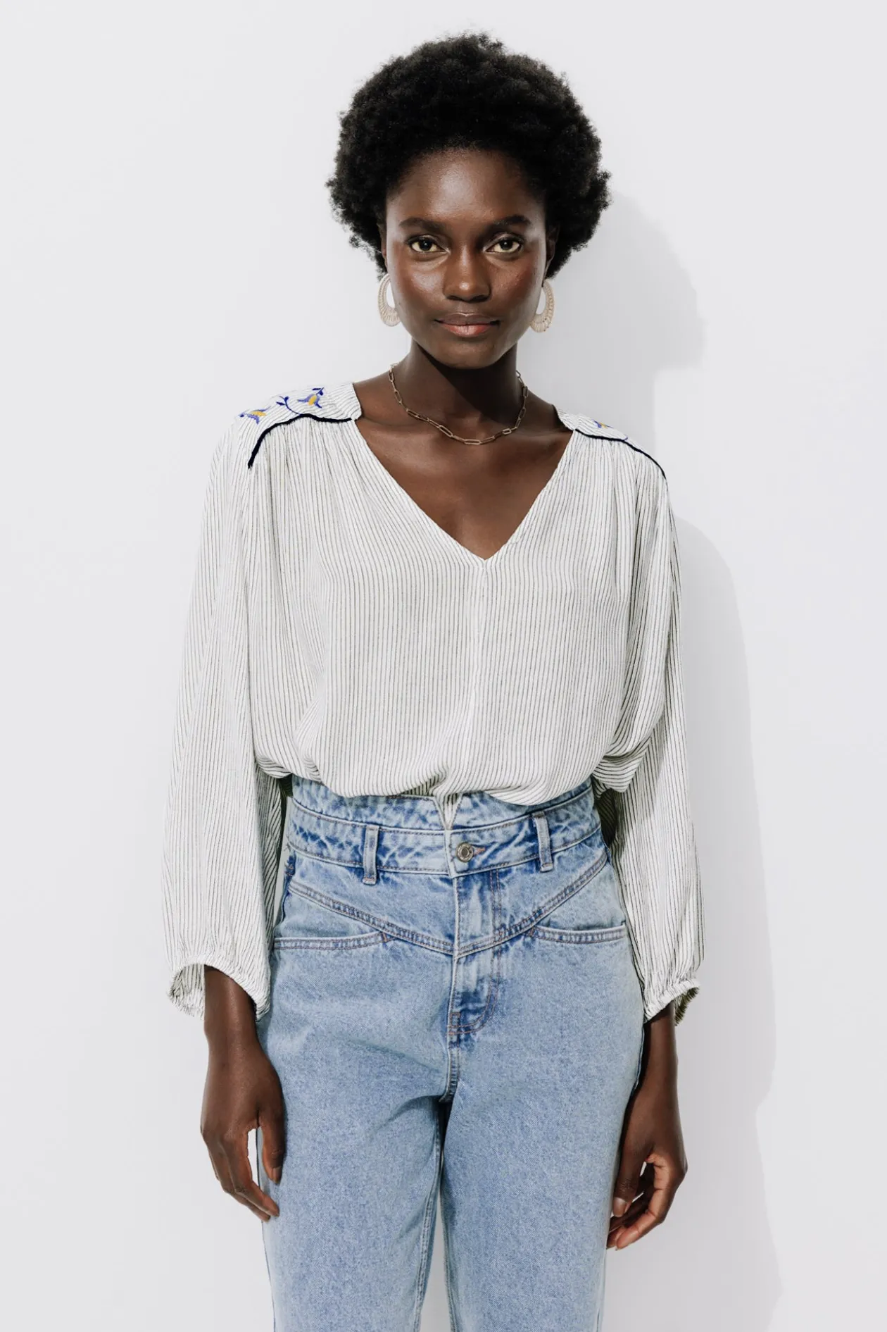 Promod Blouse rayée brodée Femme - Rayé écru Rayéécru Hot