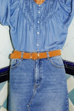 Promod Ceinture en cuir suédé Femme - Camel Clearance