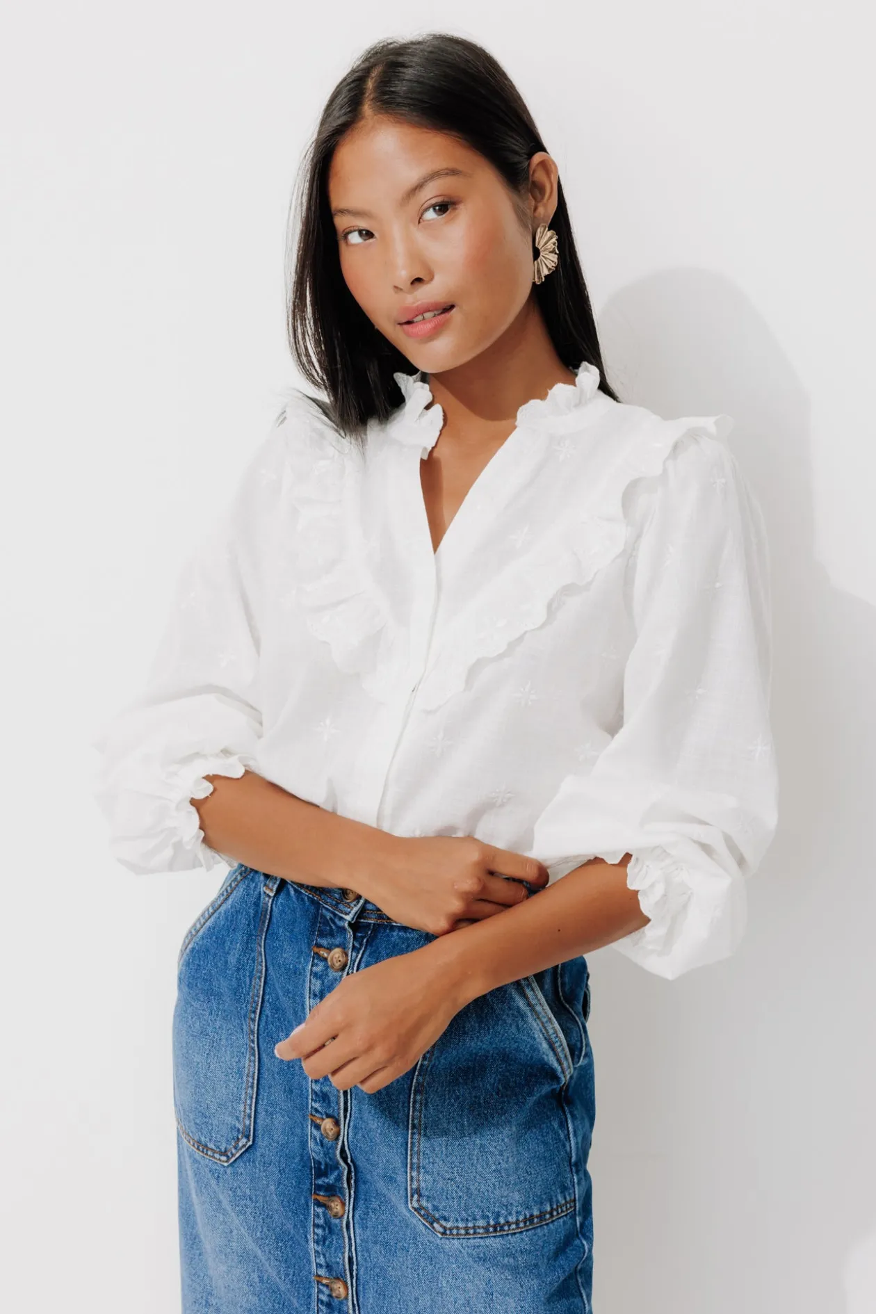 Promod Chemise brodée en coton Femme - Ecru Discount