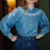 Promod Chemise brodée Femme - Jean moyen Jeanmoyen Flash Sale