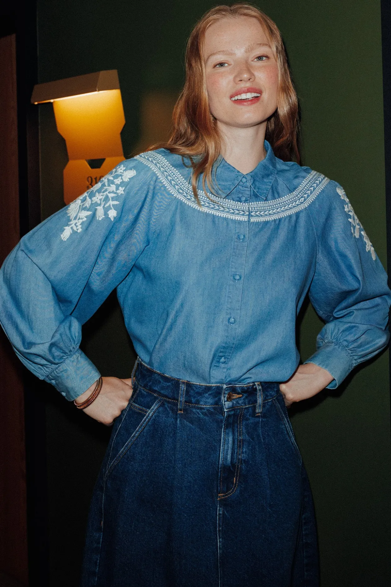 Promod Chemise brodée Femme - Jean moyen Jeanmoyen Flash Sale