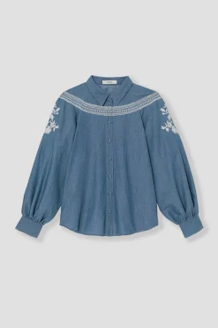 Promod Chemise brodée Femme - Jean moyen Jeanmoyen Flash Sale