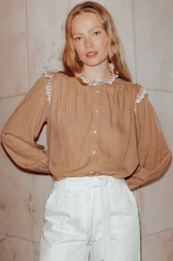 Promod Chemise brodée volantée Femme - Beige Cheap