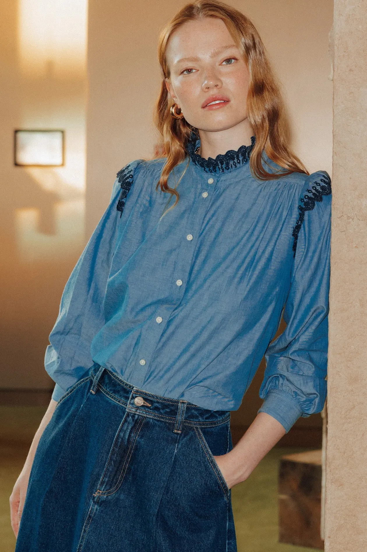 Promod Chemise brodée volantée Femme - Jean moyen Jeanmoyen Discount
