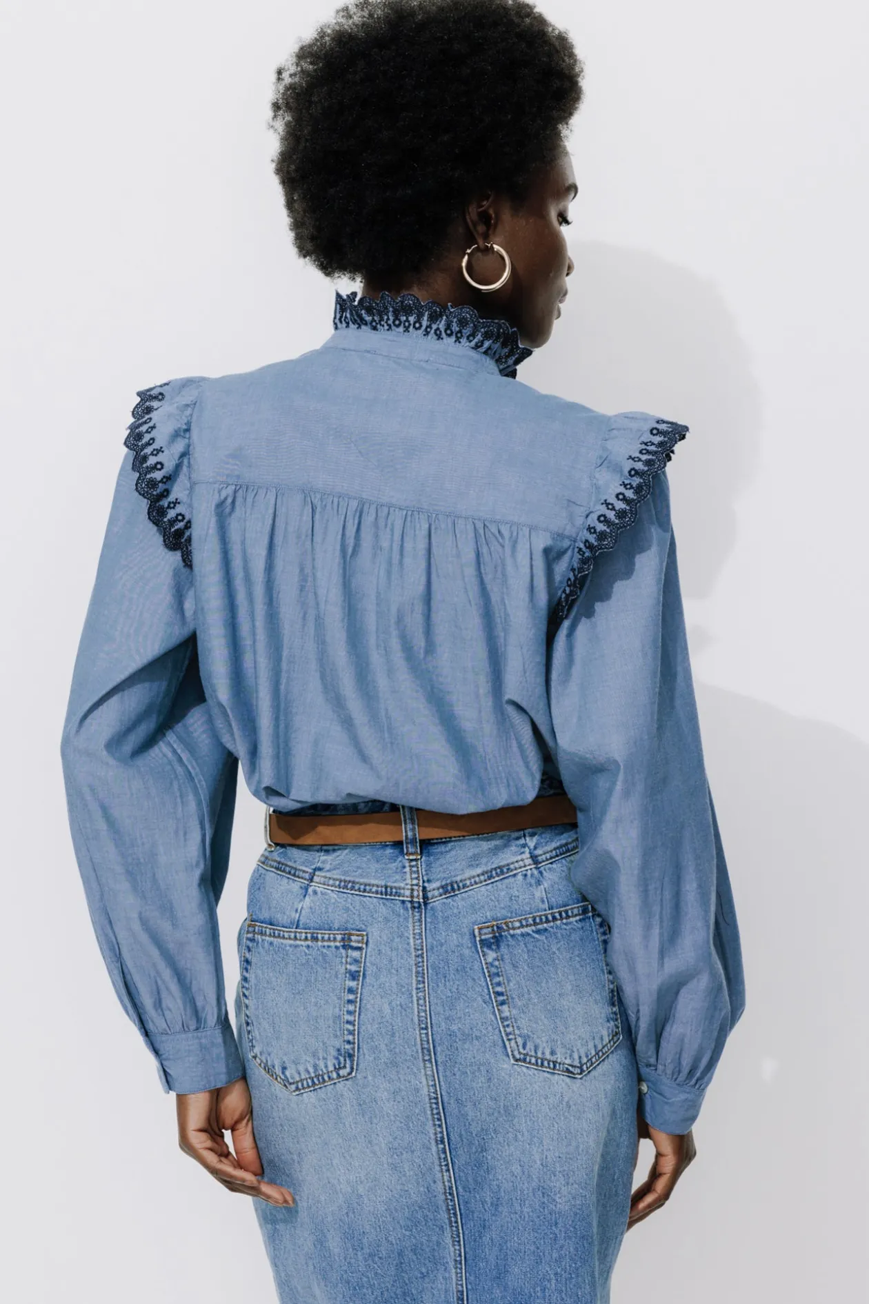 Promod Chemise brodée volantée Femme - Jean moyen Jeanmoyen Discount