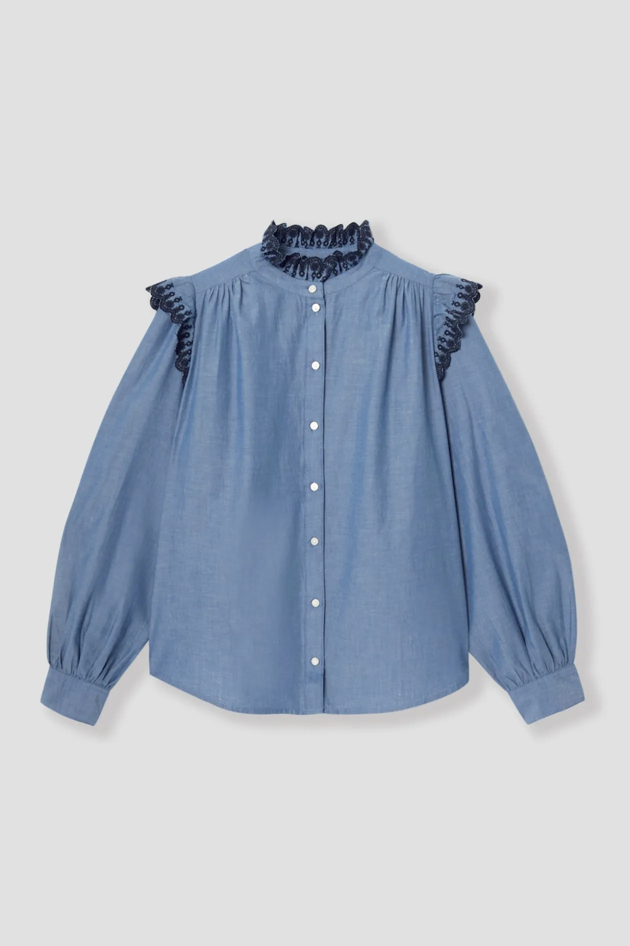 Promod Chemise brodée volantée Femme - Jean moyen Jeanmoyen Discount