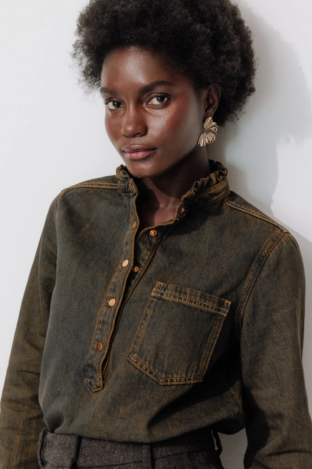 Promod Chemise en jean surteint Femme - Marron Fashion