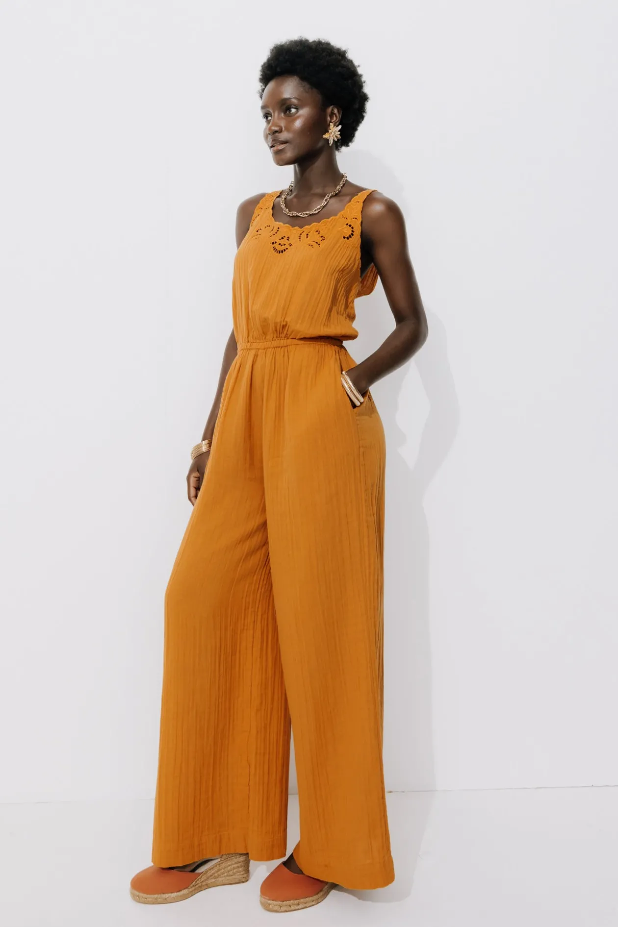 Promod Combi-pantalon gaze de coton - Ocre Discount