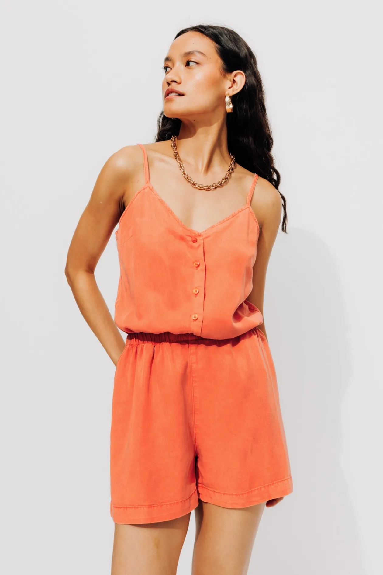 Promod Combishort en lyocell Femme - Orange fluo Orangefluo Shop