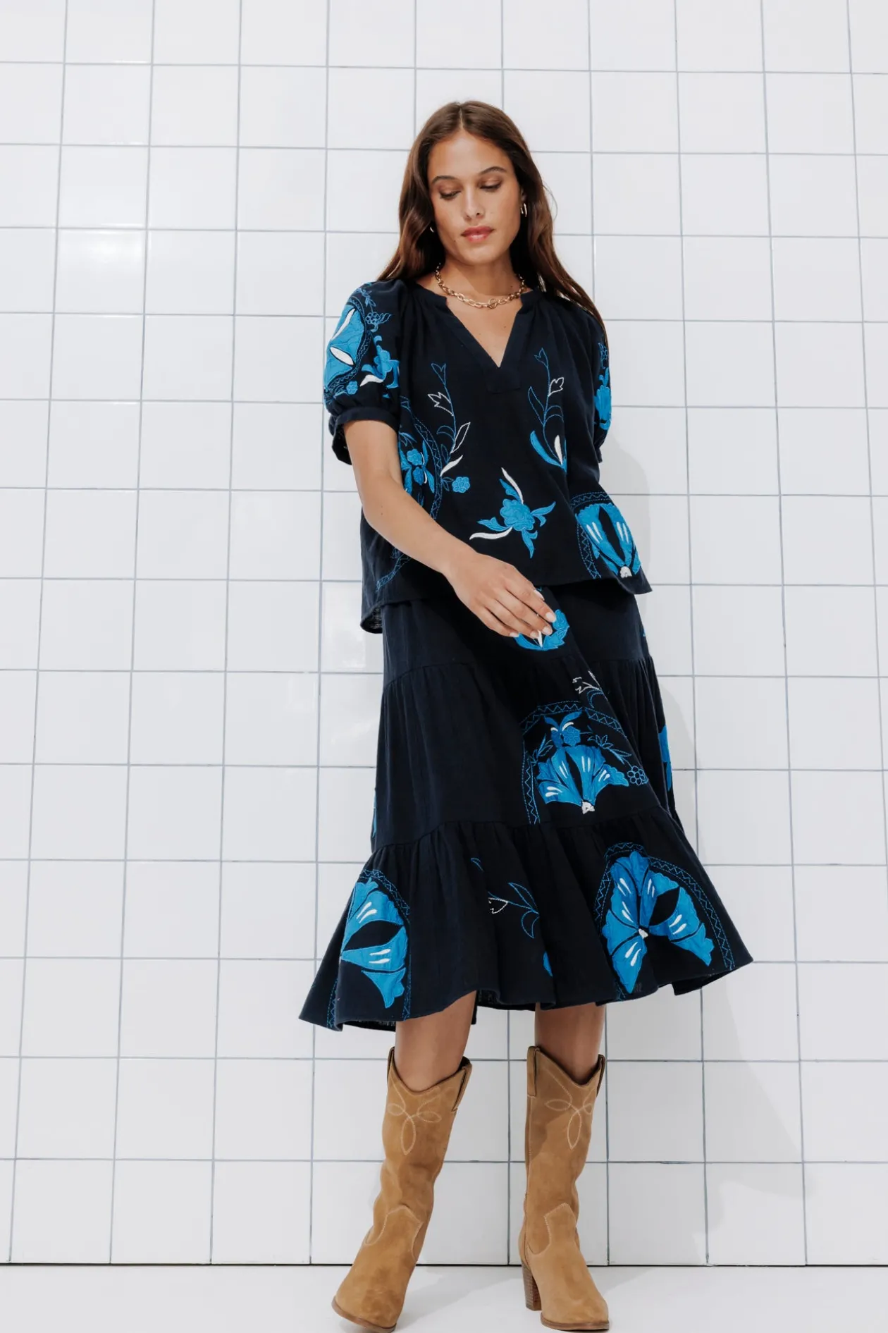 Promod Jupe midi brodée Femme - Marine Clearance