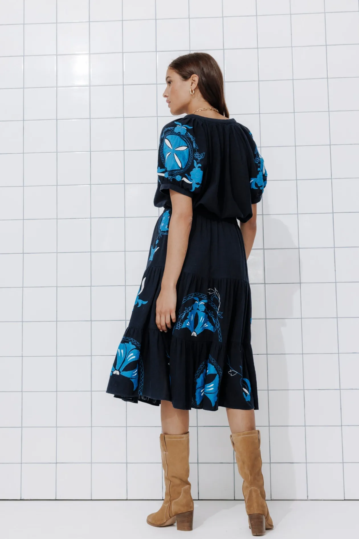 Promod Jupe midi brodée Femme - Marine Clearance