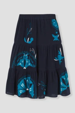 Promod Jupe midi brodée Femme - Marine Clearance