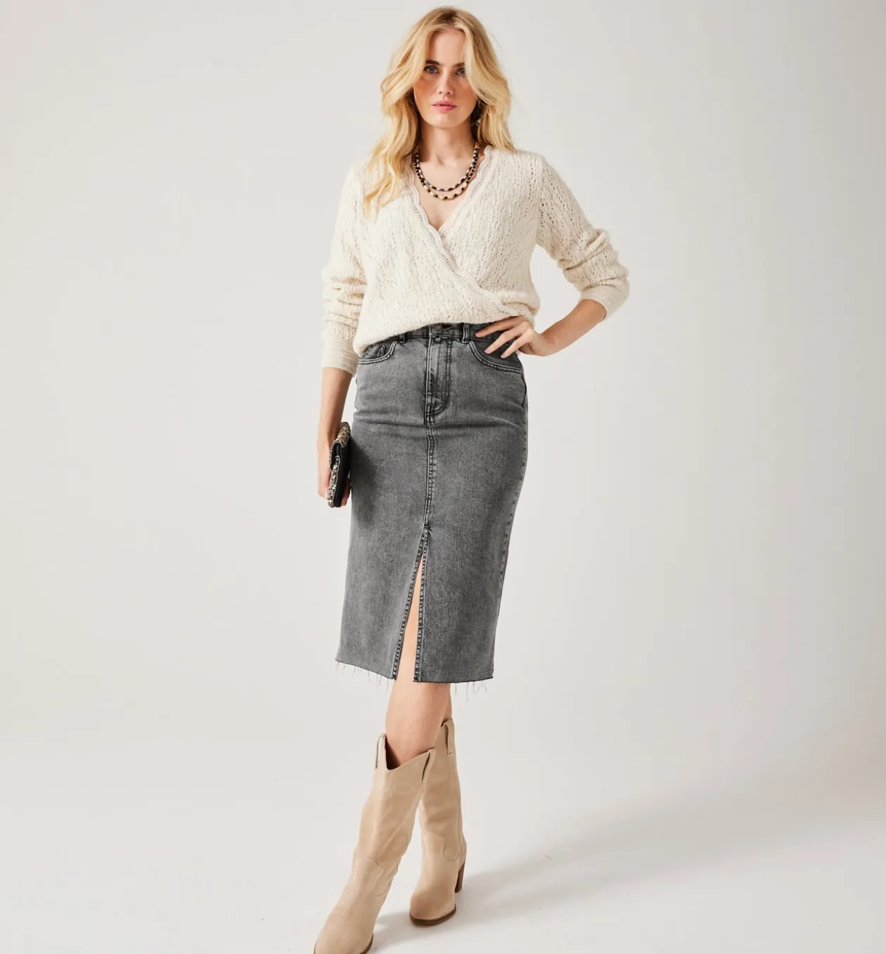 Promod Jupe midi en jean Femme - Jeans gris Jeansgris Flash Sale