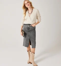 Promod Jupe midi en jean Femme - Jeans gris Jeansgris Flash Sale