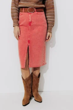 Promod Jupe midi en jean teinté - Rouge Cheap