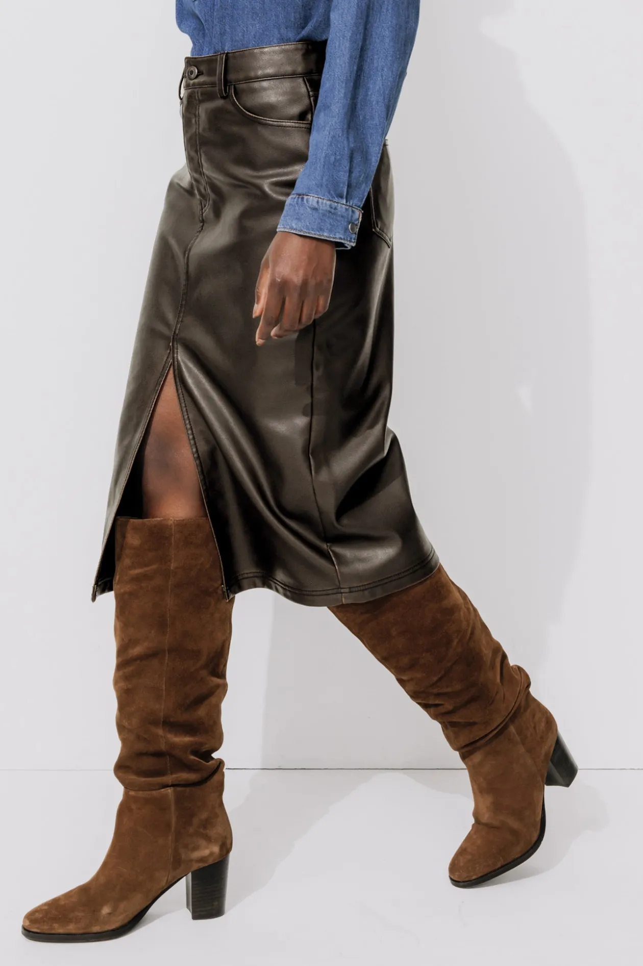 Promod Jupe midi en simili Femme - Chocolat Discount