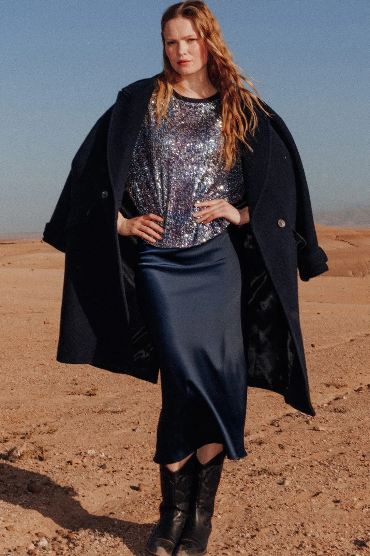 Promod Jupe évasée en satin Femme - Marine Clearance