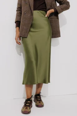 Promod Jupe évasée en satin Femme - Kaki New