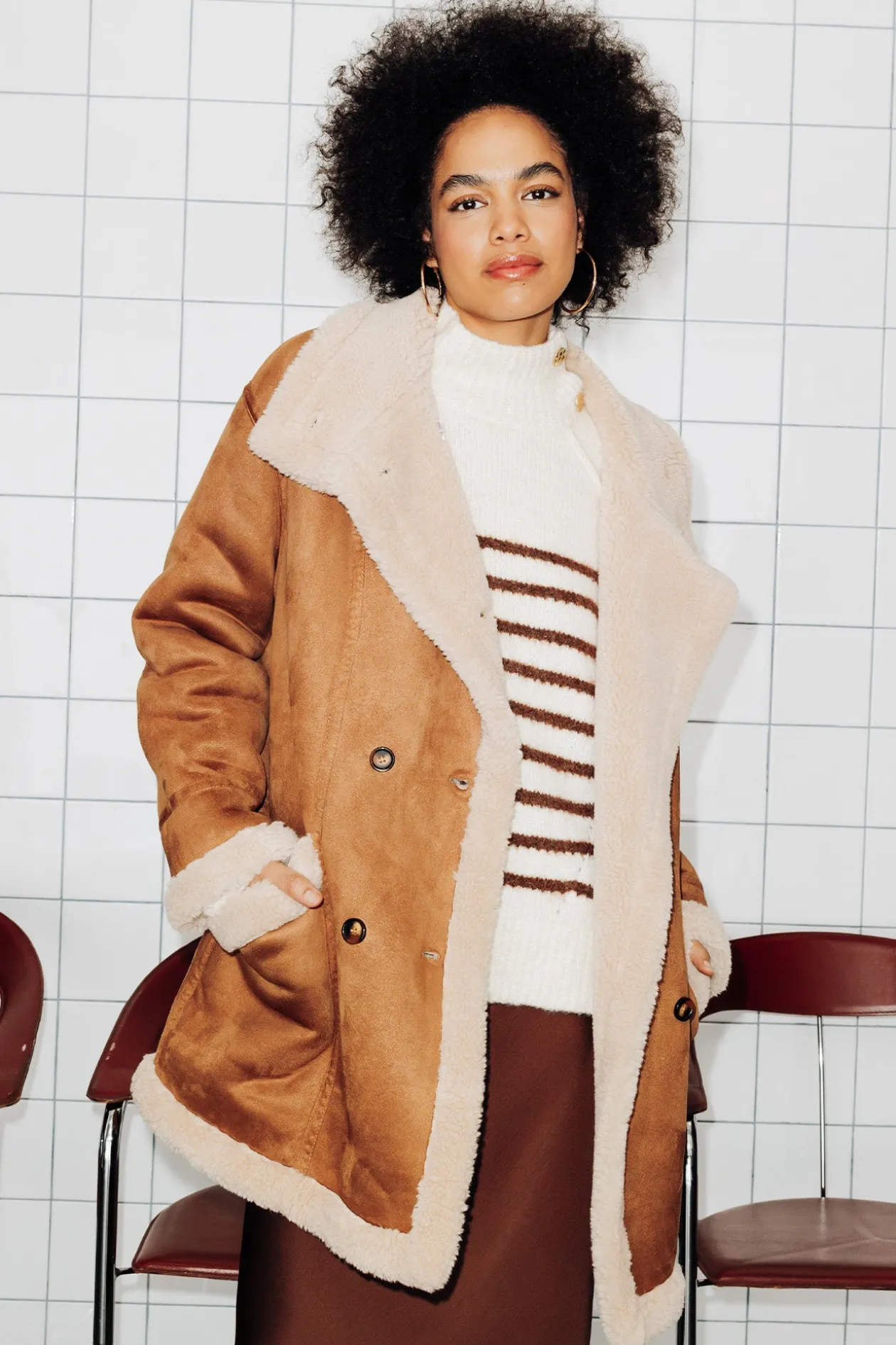 Promod Manteau en moumoute retournée - Camel Discount