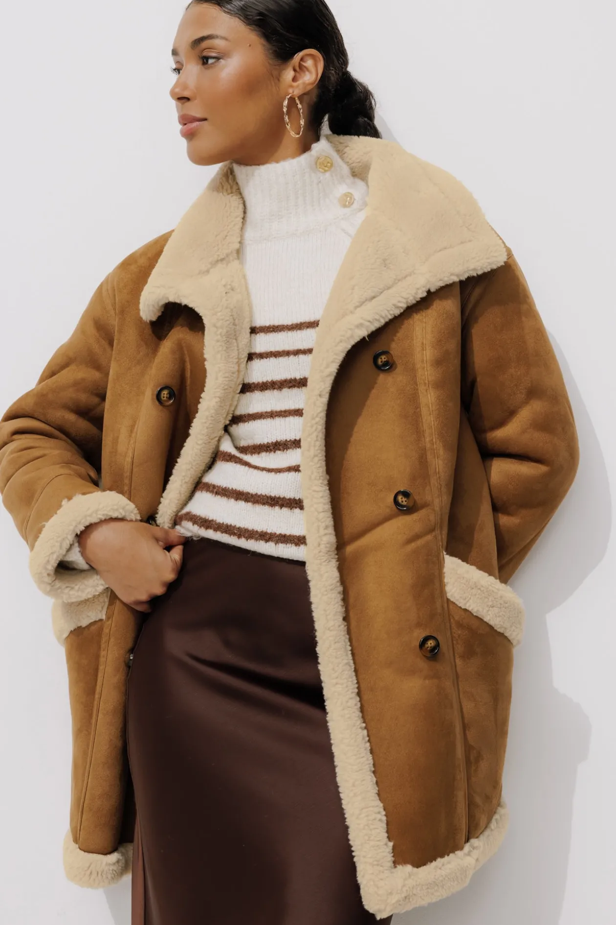 Promod Manteau en moumoute retournée - Camel Discount