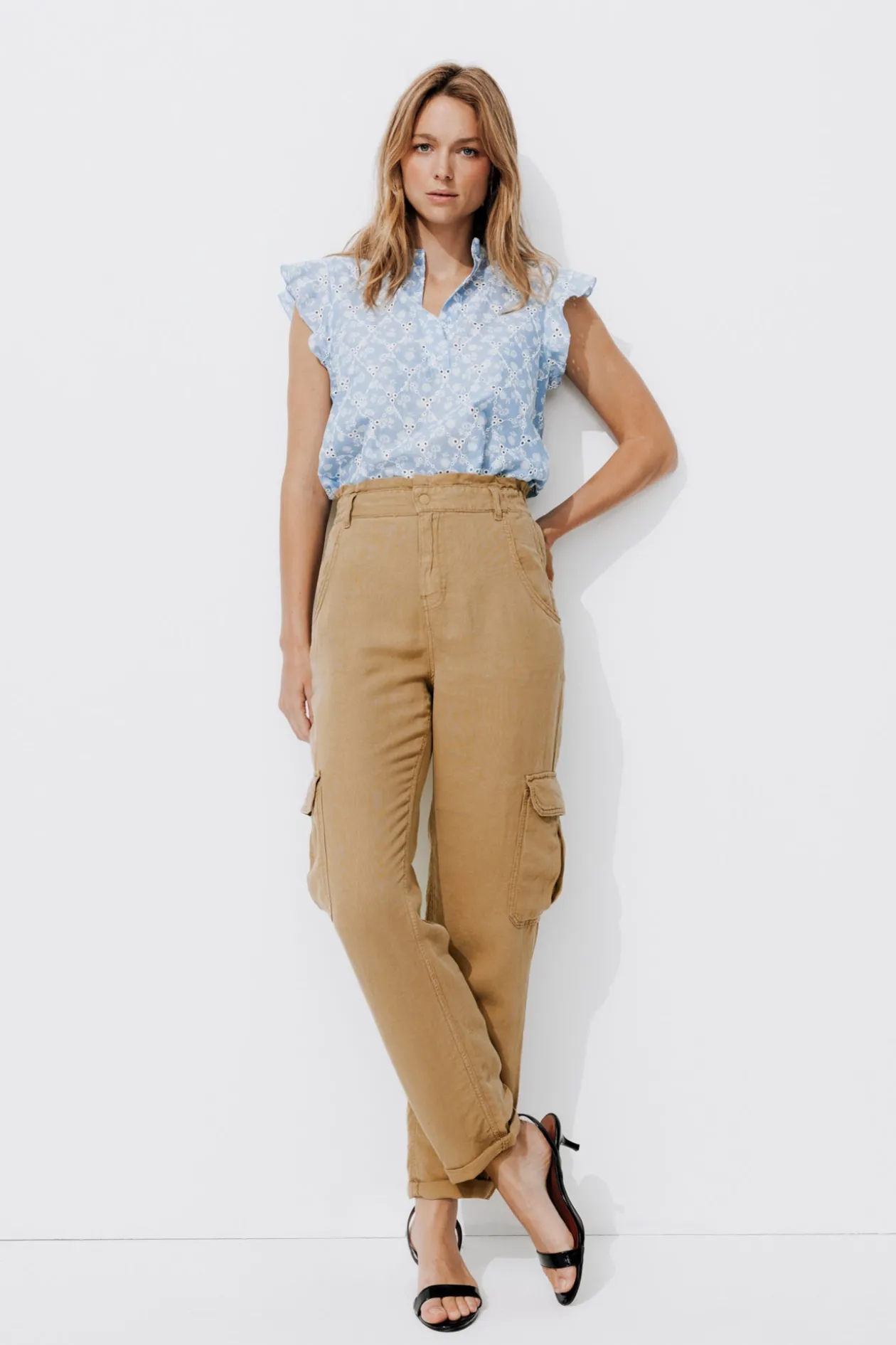 Promod Pantalon cargo en lin Femme - Sable Shop