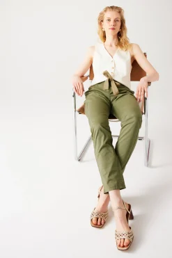 Promod Pantalon chino ceinturé Femme - Kaki Sale