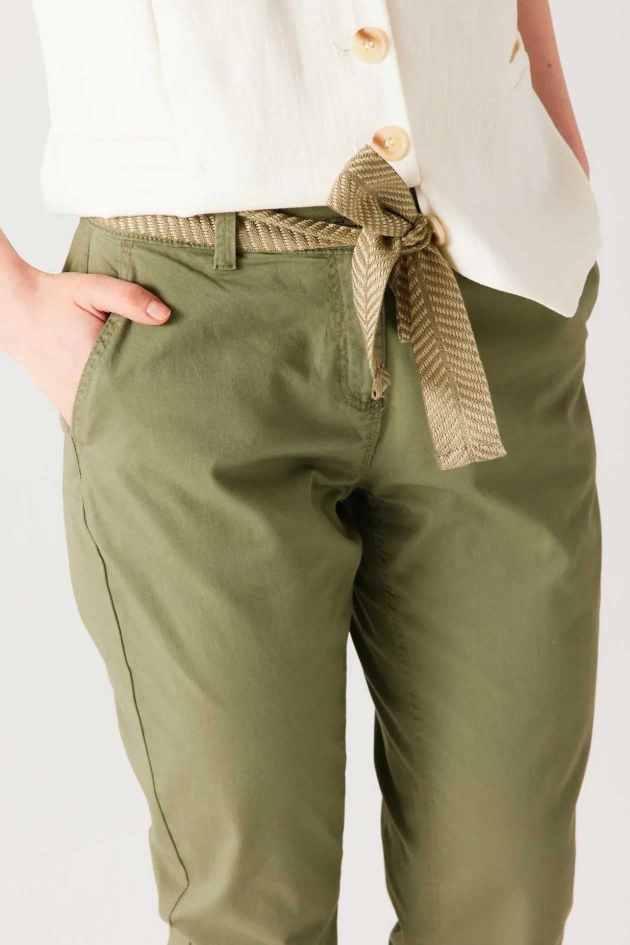 Promod Pantalon chino ceinturé Femme - Kaki Sale