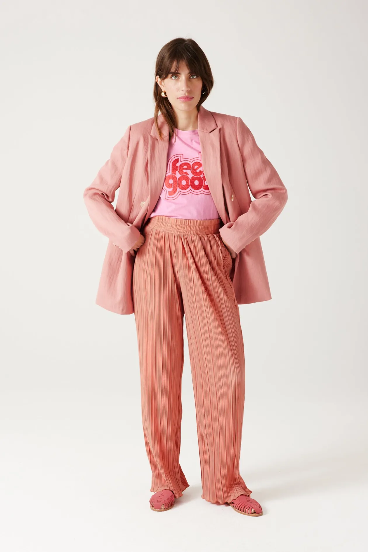 Promod Pantalon large et plissé Femme - Rose Fashion