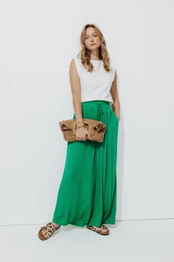 Promod Pantalon large uni Femme - Vert Cheap