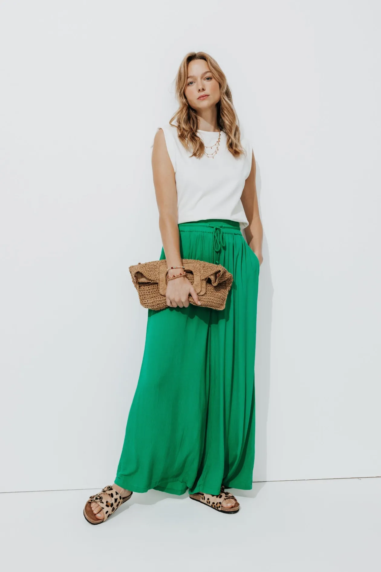 Promod Pantalon large uni Femme - Vert Cheap
