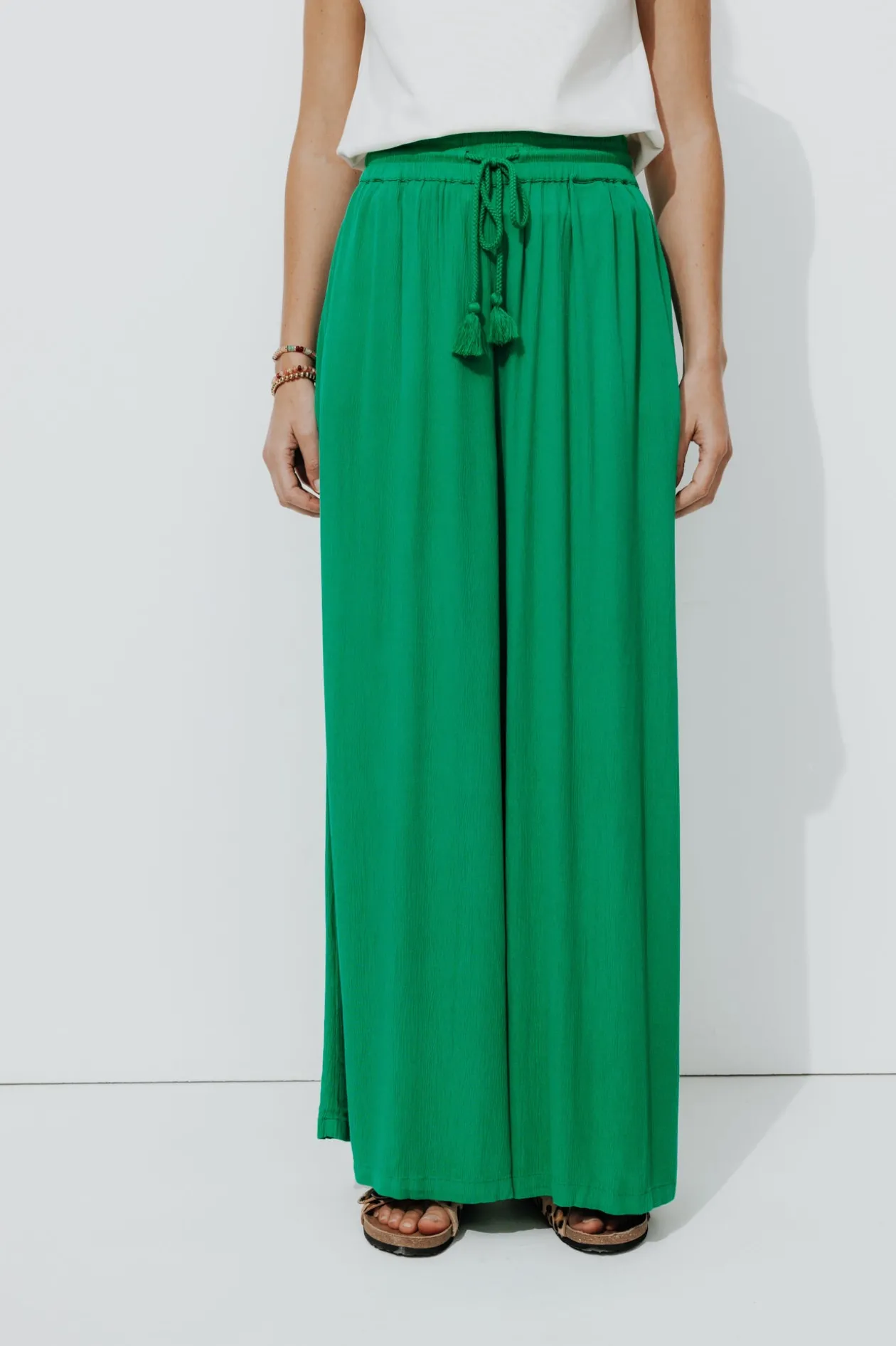 Promod Pantalon large uni Femme - Vert Cheap
