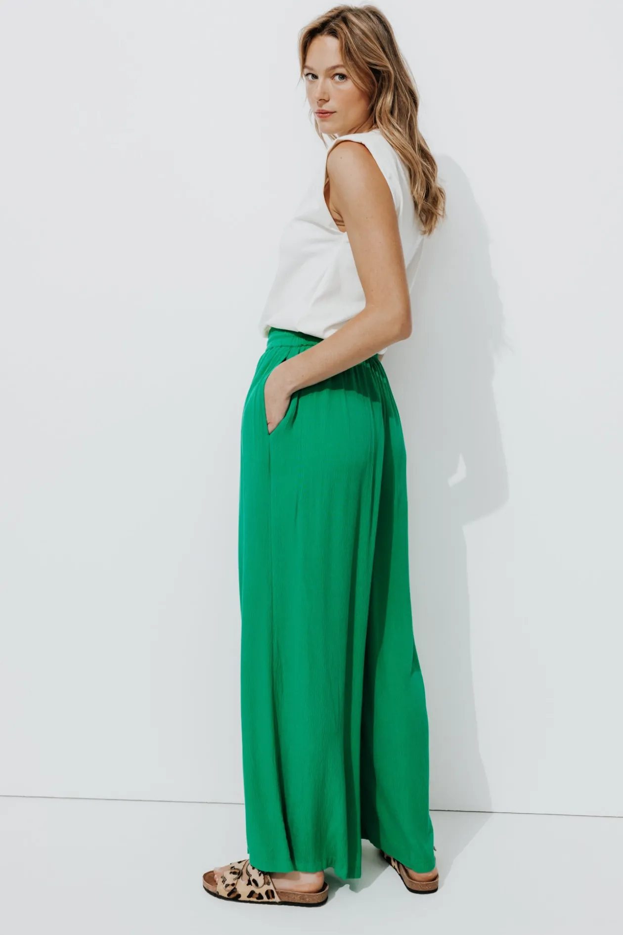 Promod Pantalon large uni Femme - Vert Cheap