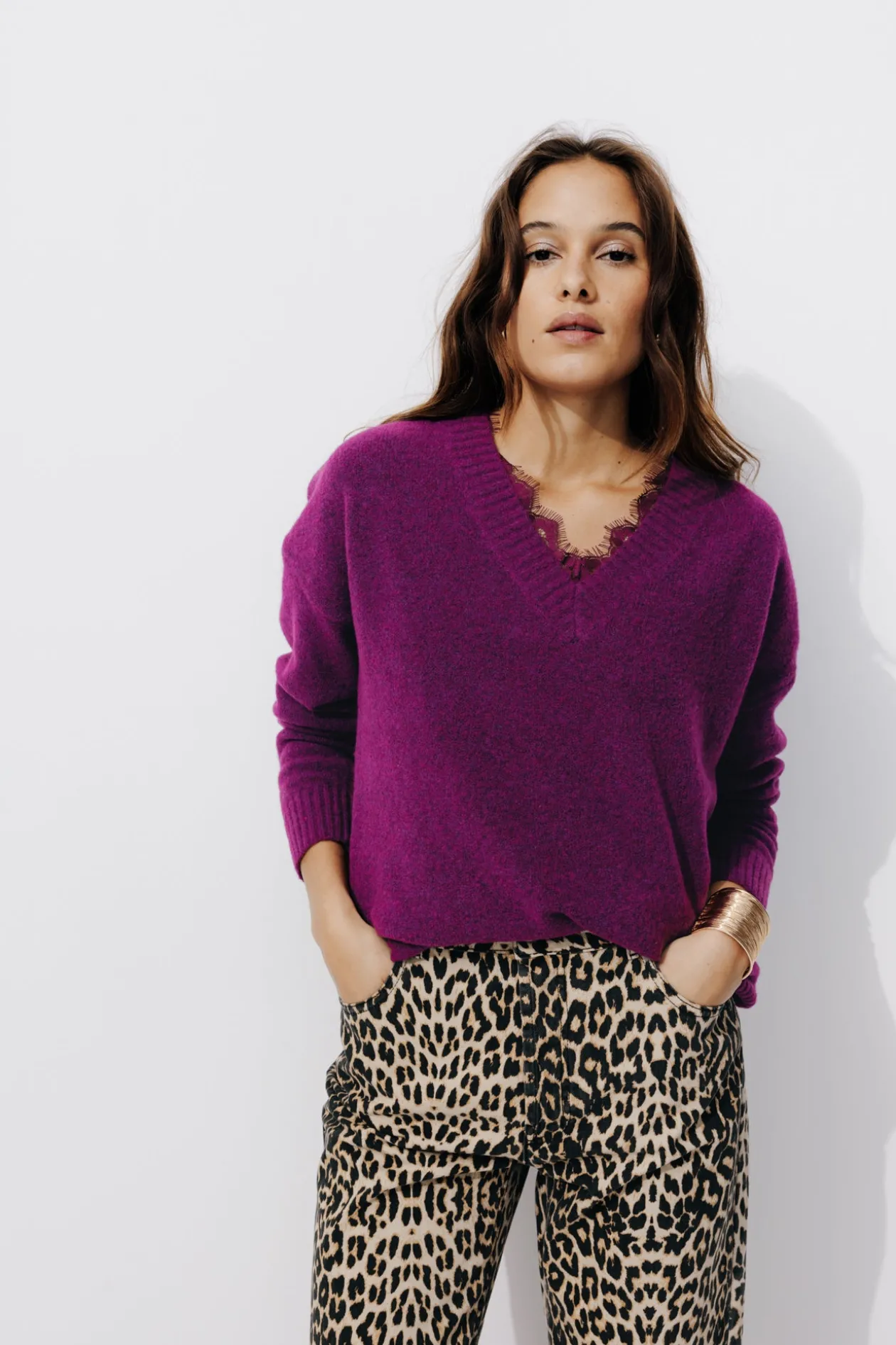 Promod Pull col V détail dentelle - Violet Discount