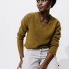 Promod Pull col V détail dentelle - Vert olive Vertolive Clearance