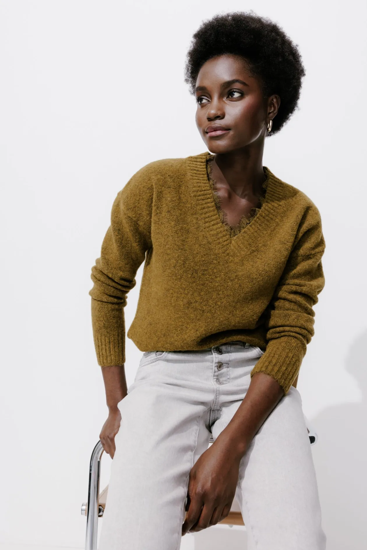 Promod Pull col V détail dentelle - Vert olive Vertolive Clearance