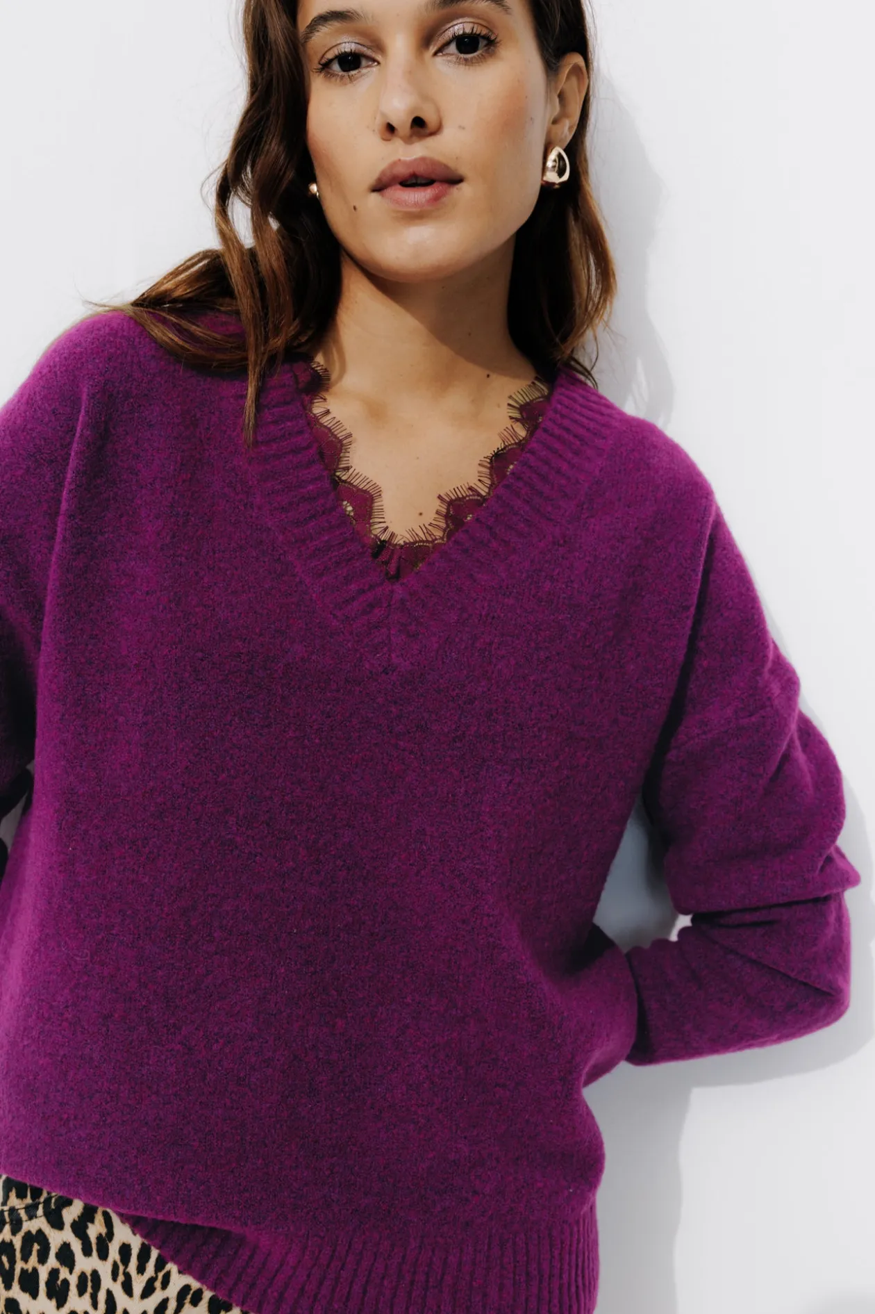 Promod Pull col V détail dentelle - Violet Discount