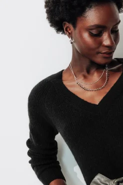 Promod Pull côtelé col V Femme - Noir Shop