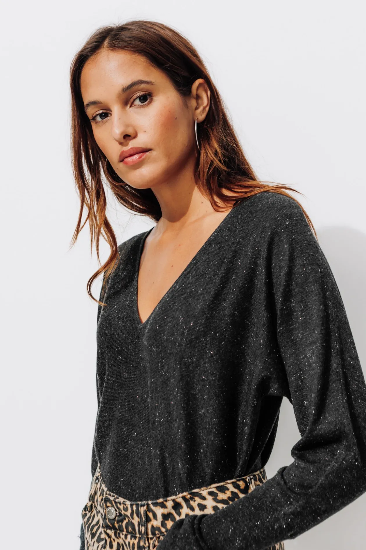 Promod Pull fin irisé col V - Gris foncé Grisfoncé Store