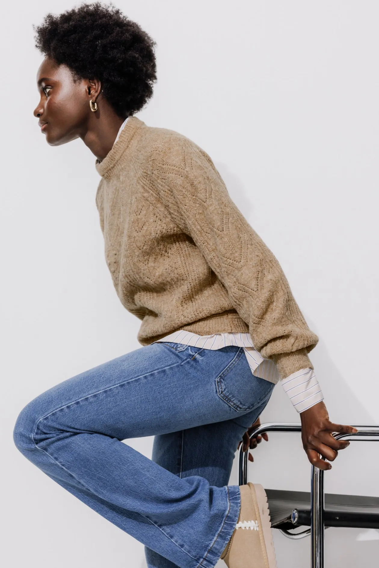 Promod Pull torsadé col rond Femme - Taupe Clearance