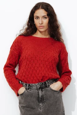Promod Pull torsadé col rond Femme - Rouge Fashion