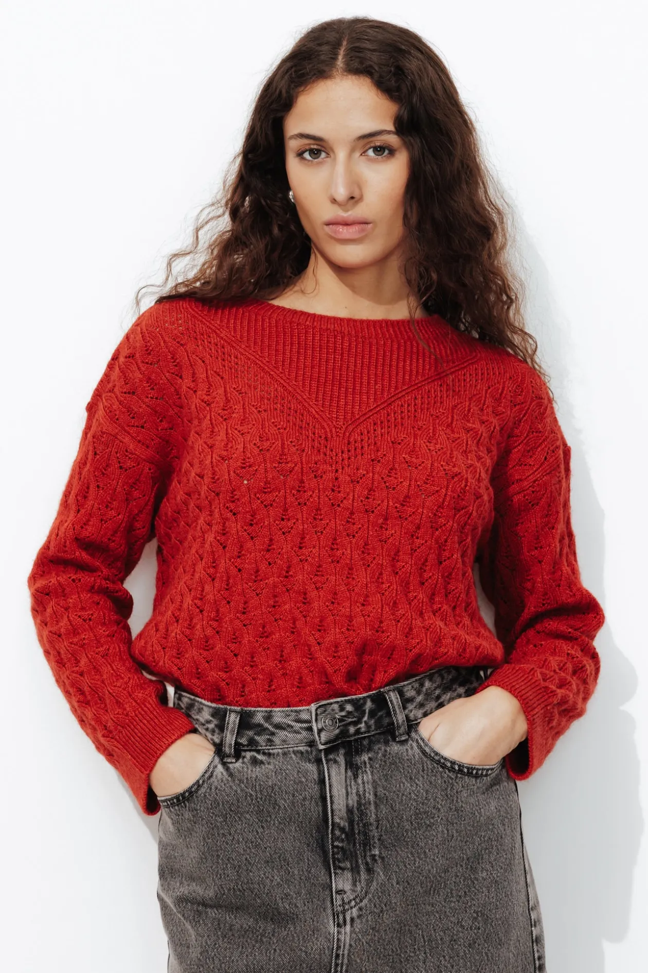 Promod Pull torsadé col rond Femme - Rouge Fashion