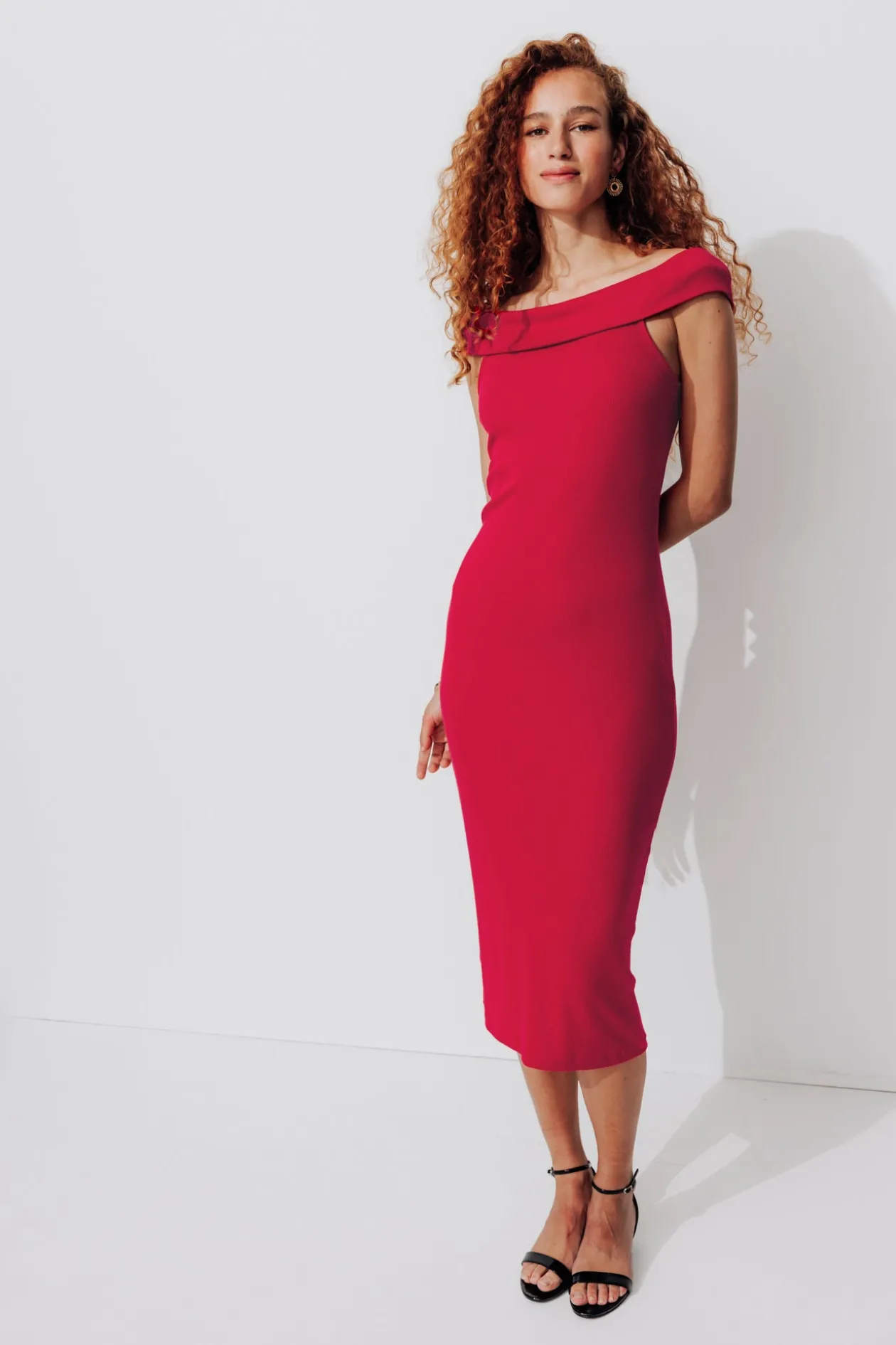 Promod Robe à col Bardot Femme - Rouge Hot