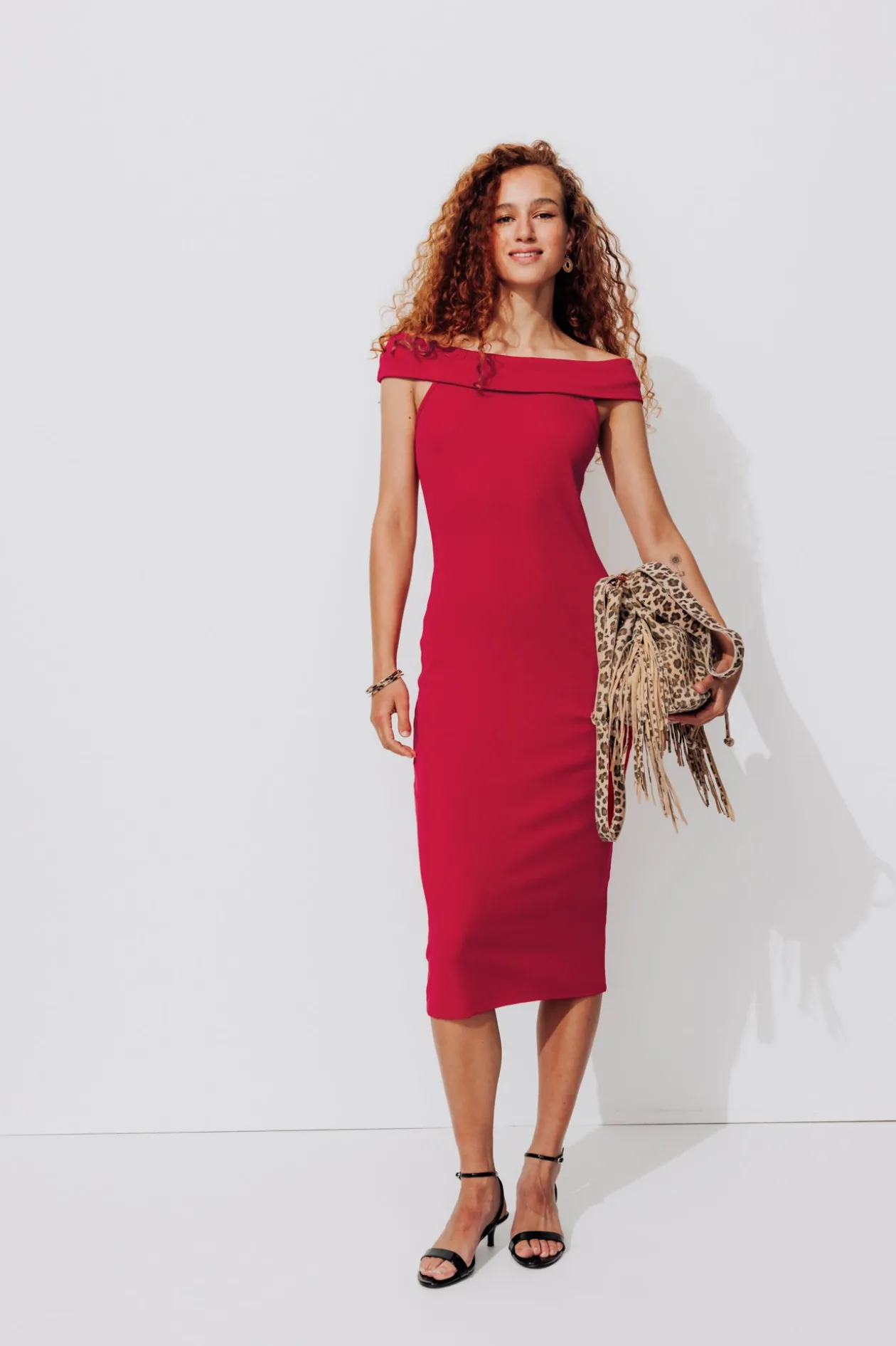 Promod Robe à col Bardot Femme - Rouge Hot