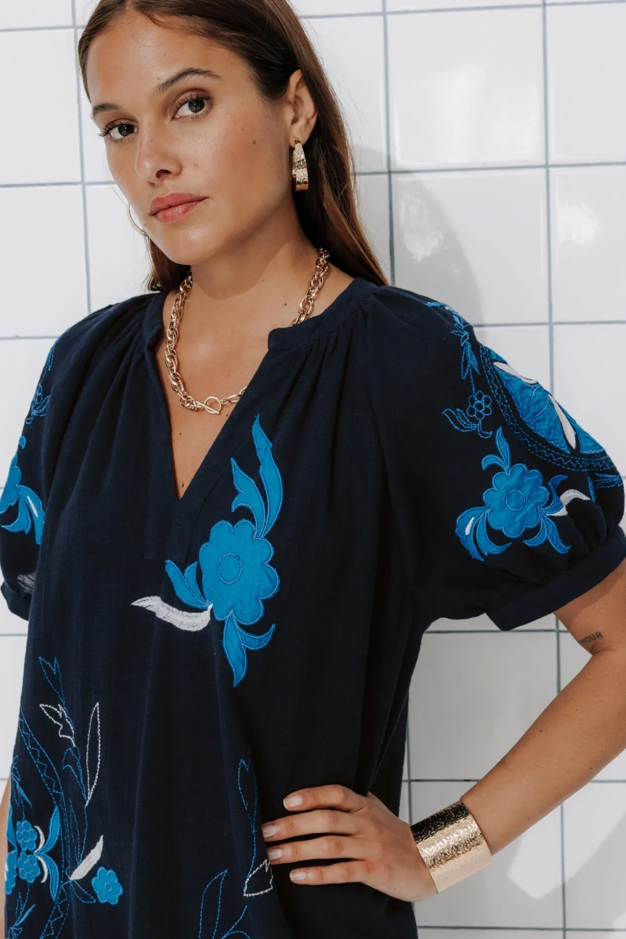 Promod Robe babydoll brodée Femme - Marine Clearance