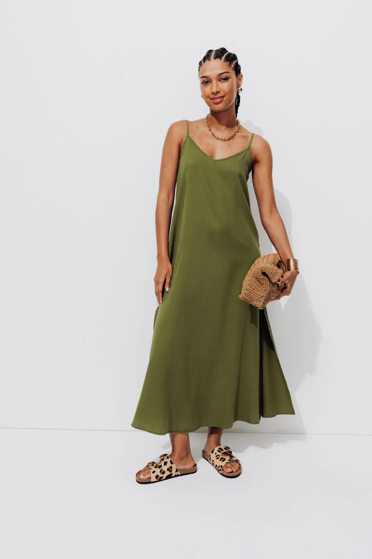 Promod Robe longue à bretelles Femme - Kaki Fashion