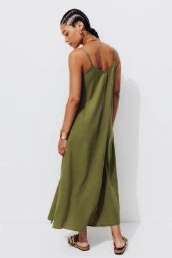 Promod Robe longue à bretelles Femme - Kaki Fashion